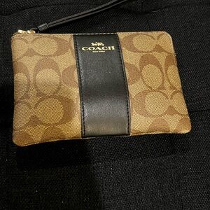 Coach Monogram Corner Zip Wristlet Wallet with Middle Stripe: Brown and Black